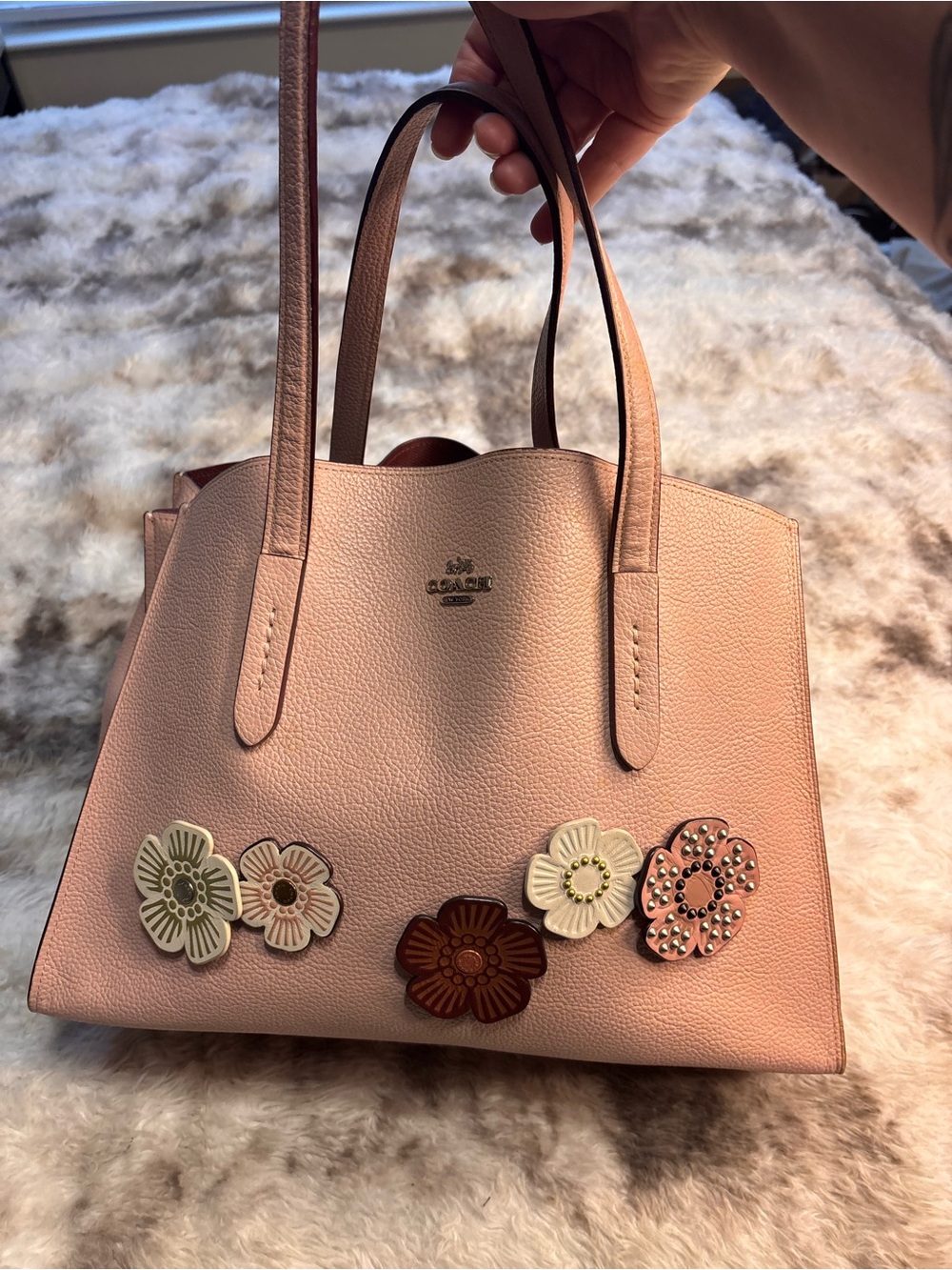 Coach Tea Rose  Pink Floral Appliqué Pebble Leather Tote